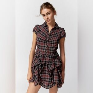 BDG Urban Outfitters Max Plaid Ruched Mini Dress with Puff Sleeves